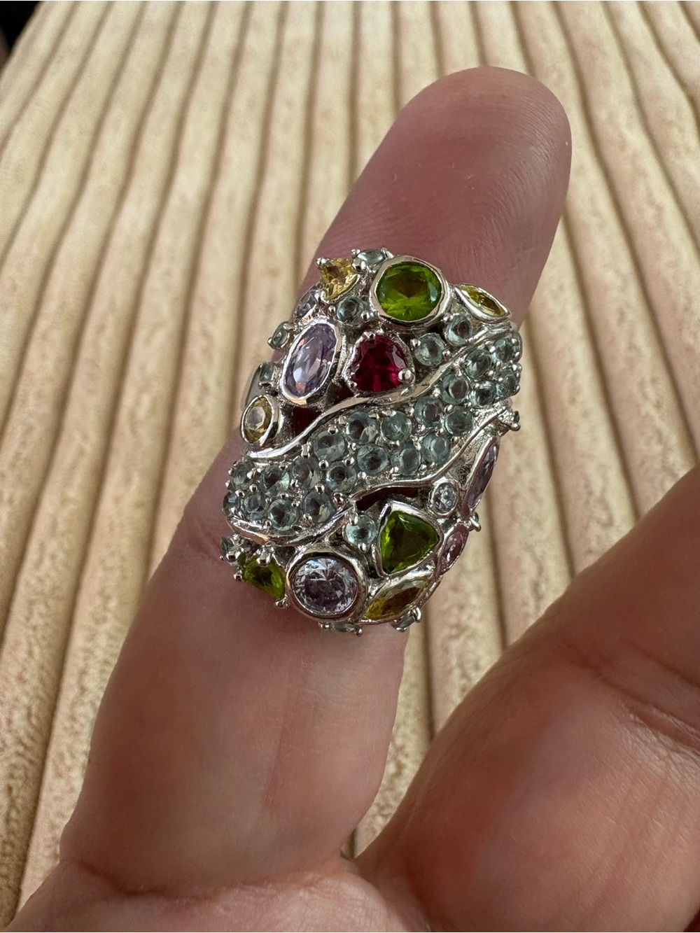 Multicolor Gemstone Cluster Statement Ring - Women's Silver Band sz 6.5